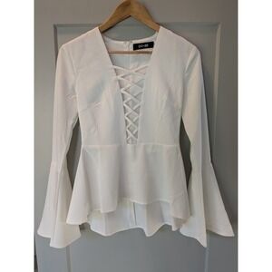 DO+BE White Peplum Top‎ Bell Sleeve Lace Up Blouse Party Cocktail S